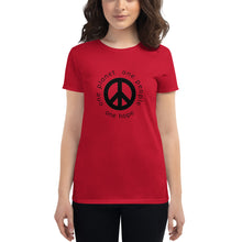 Load image into Gallery viewer, Women&#39;s short sleeve T-shirt with Peace Symbol and Globe Tagline
