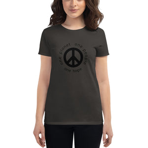 Women's short sleeve T-shirt with Peace Symbol and Globe Tagline
