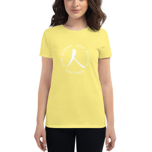 Women's short sleeve T-shirt with Humankind Symbol and Globe Tagline