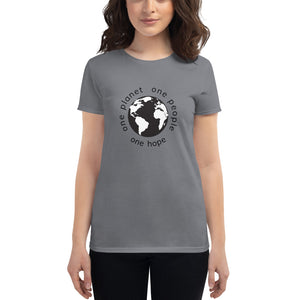 Women's short sleeve T-shirt with Earth and Black Globe Tagline