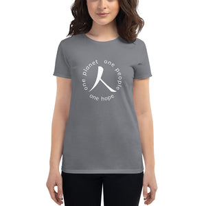 Women's short sleeve T-shirt with Humankind Symbol and Globe Tagline