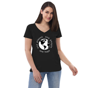 Women’s recycled V-neck with Earth and Globe Tagline